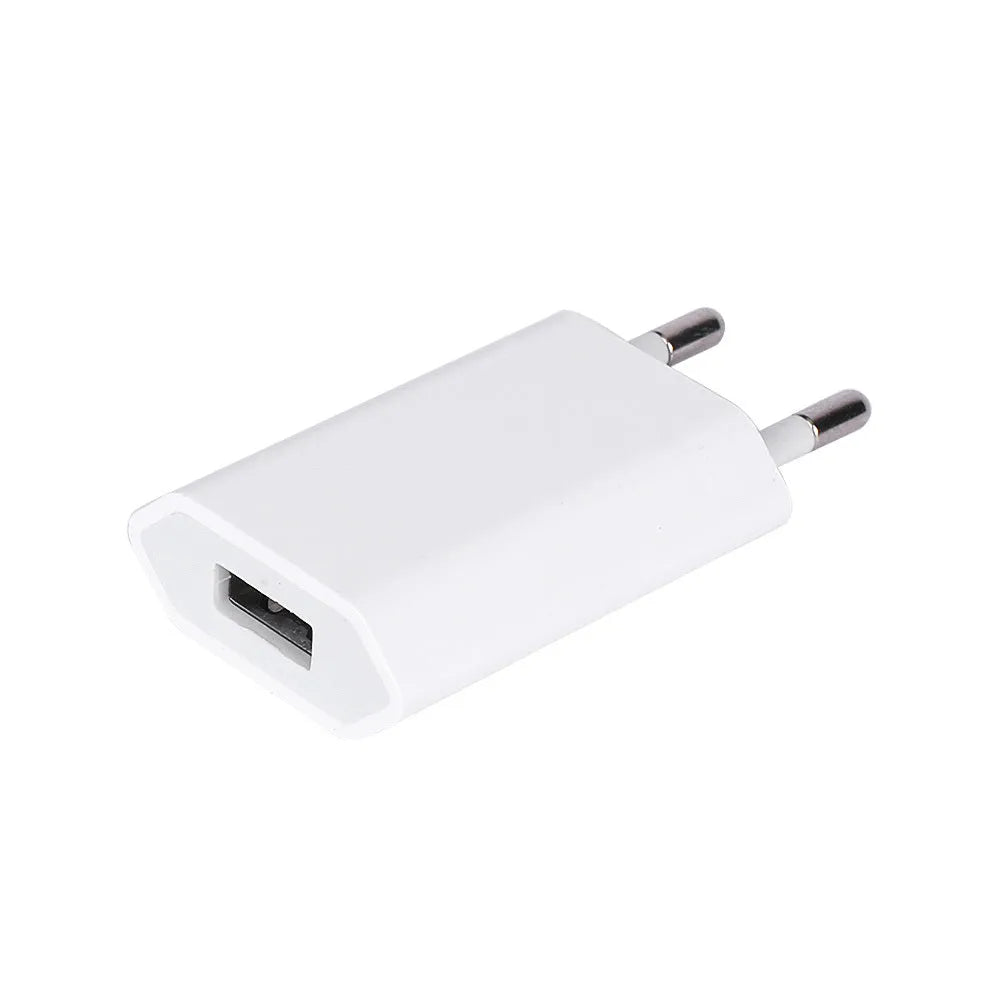 White 5V 2A USB travel charger for iPhone and iPad with optional charging cables