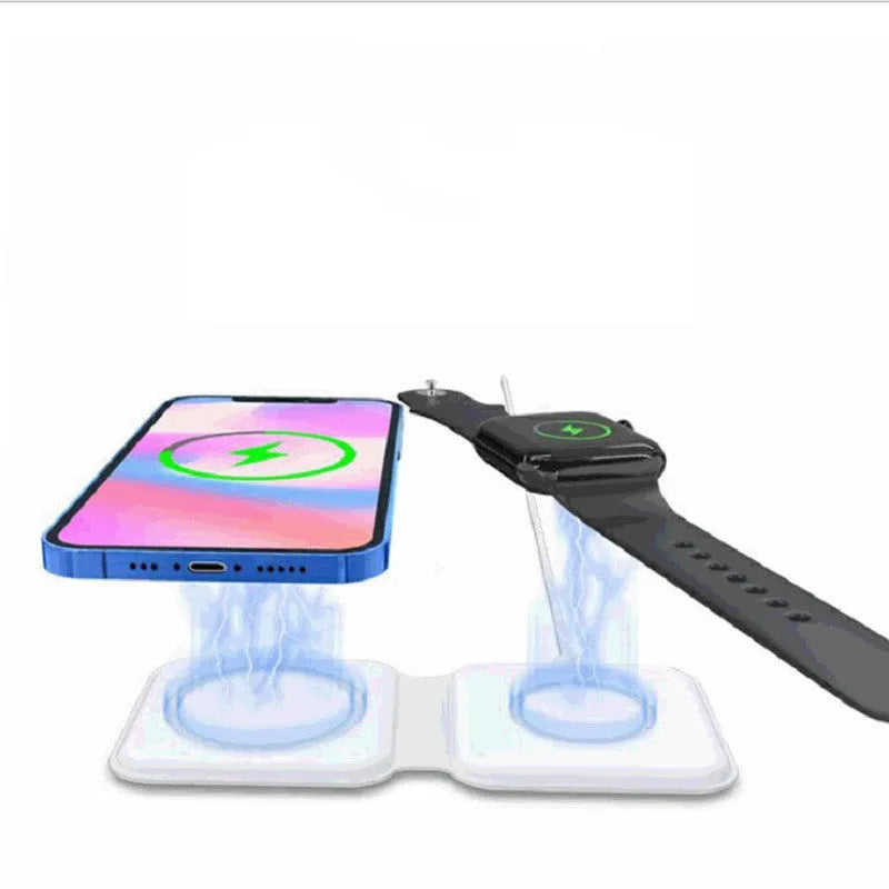 White folding dual magnetic wireless charging dock shown in stand mode with a phone attached.