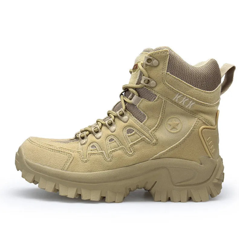 Men's black US Army Delta tactical-style boots with rubber sole on rocky outdoor ground.