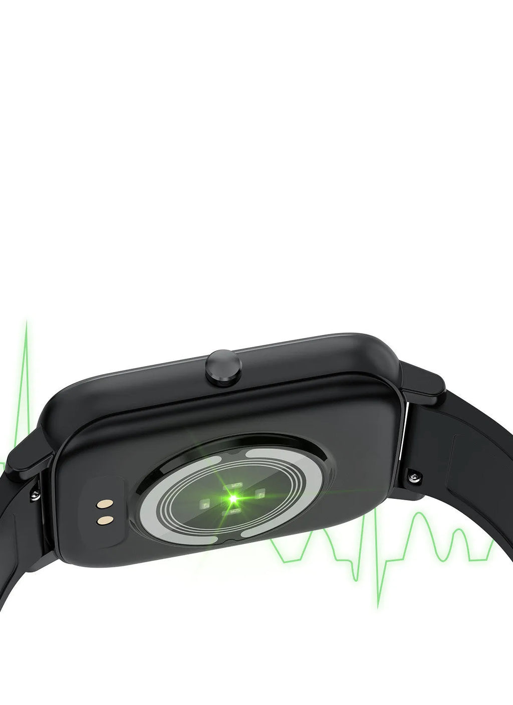 H80 sports smartwatch with black silicone strap showing ECG and blood oxygen monitoring on screen.