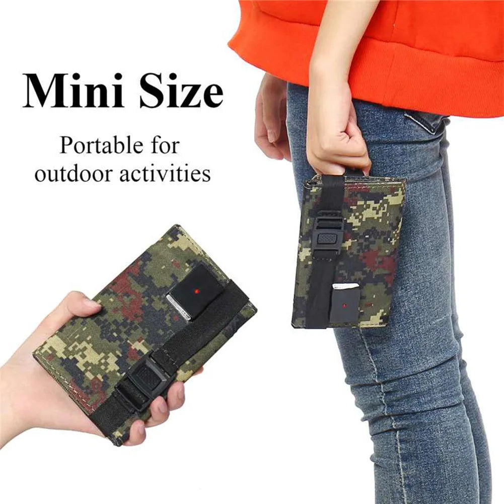 20W solar folding bag unfolded showing monocrystalline cells with USB output cables, camouflage colour