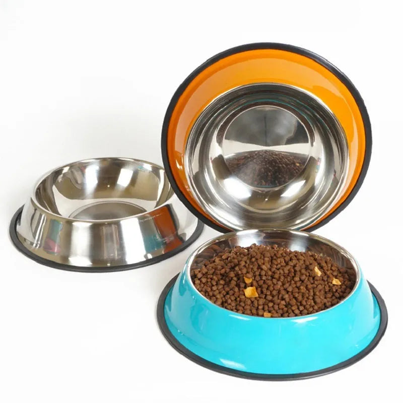 Stainless steel pet bowl with colourful melamine exterior and non-slip rubber base