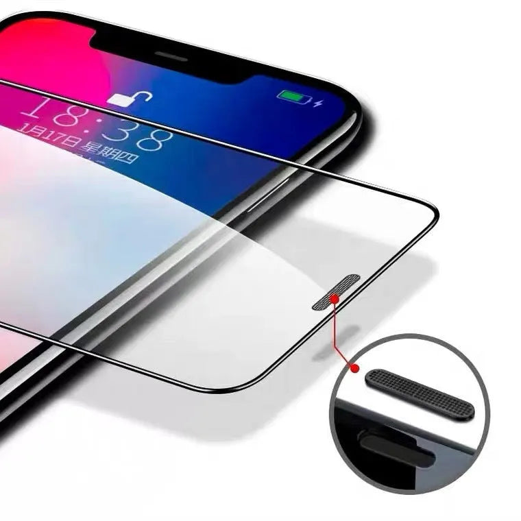 Tempered glass privacy screen protector for iPhone showing anti-peeping and dustproof features.