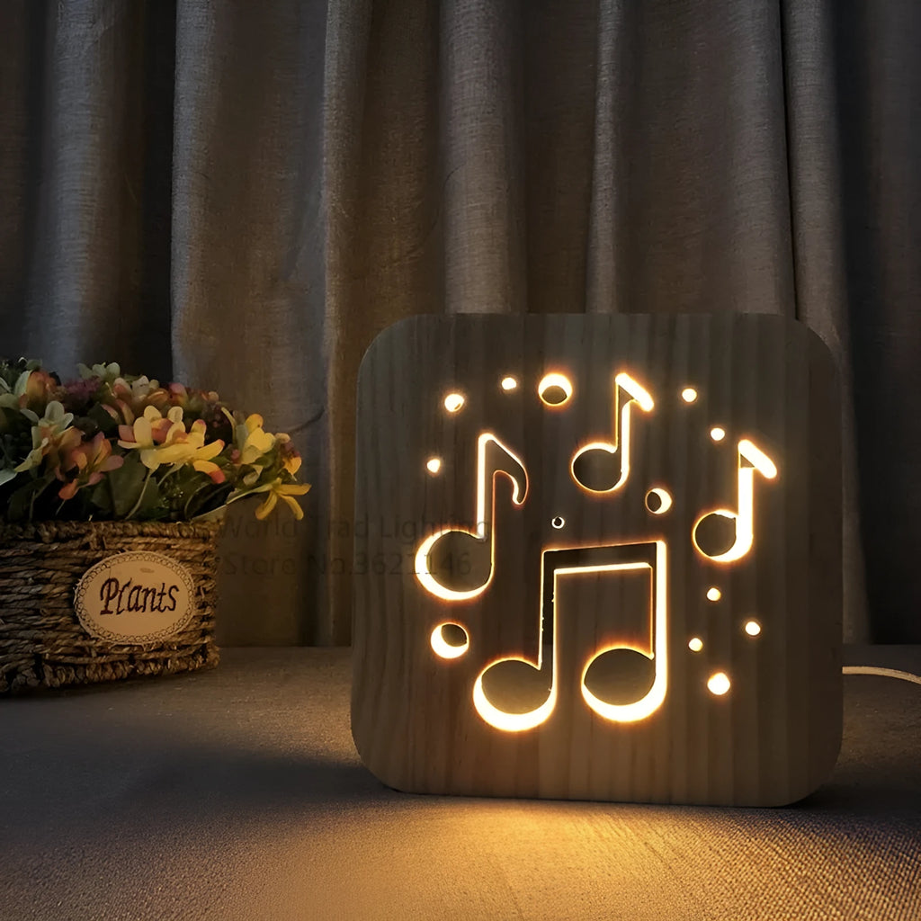 Square pine wood USB LED atmosphere lamp emitting a warm white 3D light.