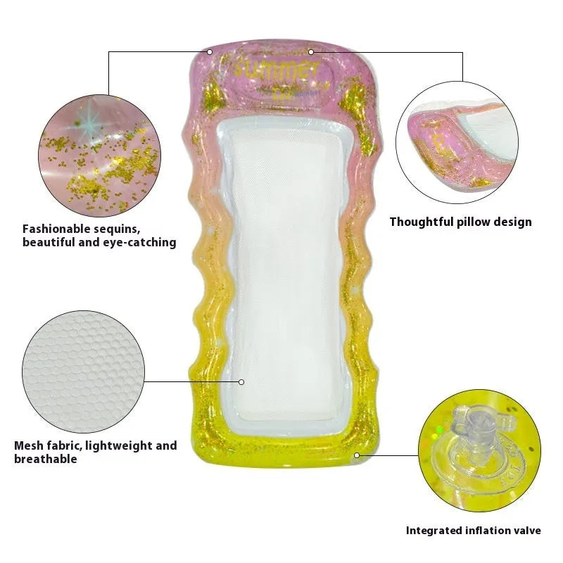 PVC inflatable floating row pool lounger in gradient blue-purple sequined design on water