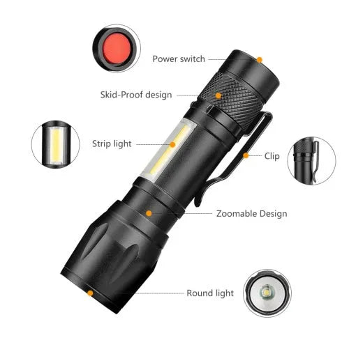 Black aluminium alloy mini telescopic LED flashlight with zoom focus and pocket clip