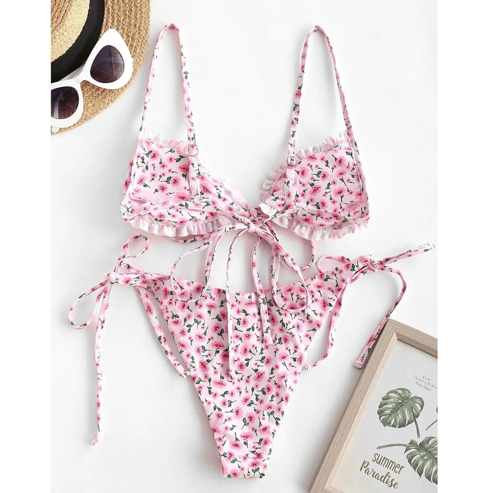Blue printed multi-rope banded bikini swimsuit with short sleeves and lapel collar
