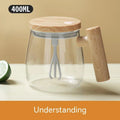Clear borosilicate glass self-stirring coffee mug with electric base, 400ml capacity.