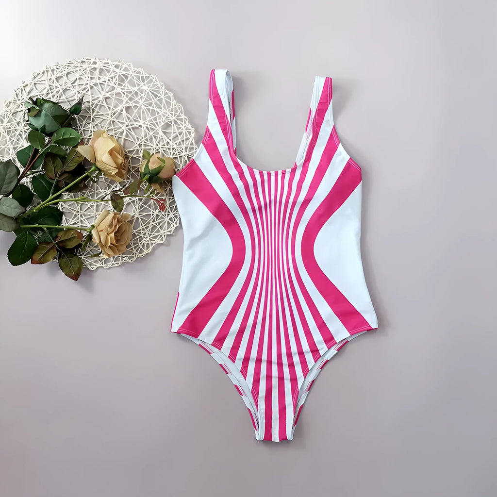 Pink striped one-piece swimsuit for women with front and rear digital print.