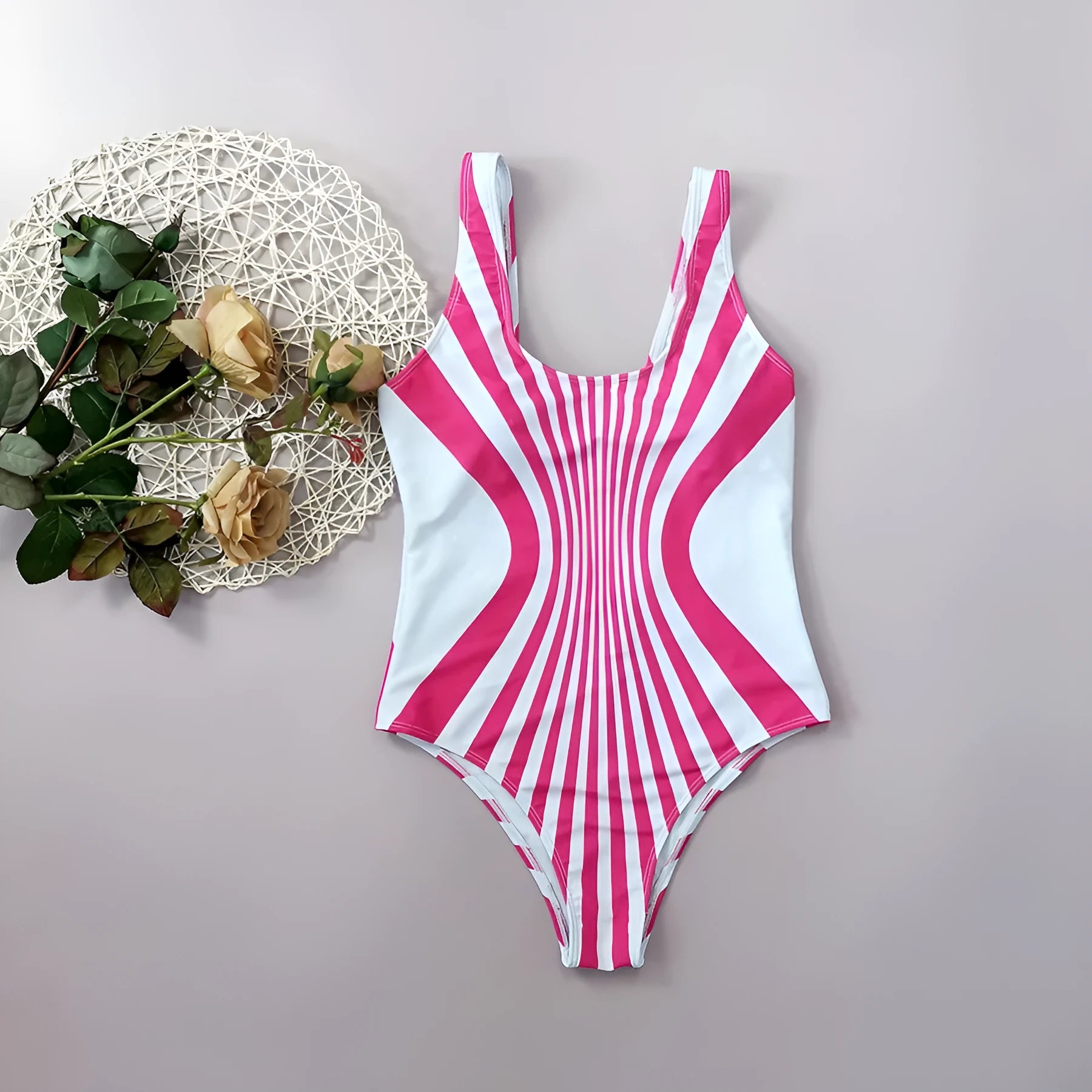 Pink striped one-piece swimsuit for women with front and rear digital print.