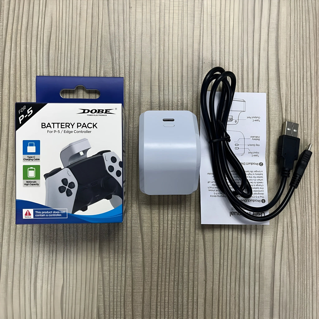 White ABS PS5 handle power bank with Type-C port and LED indicator, attached to a PS5 controller