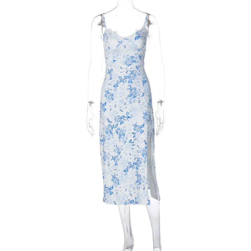 Womans blue lace floral print long dress with side slits and black suspender straps
