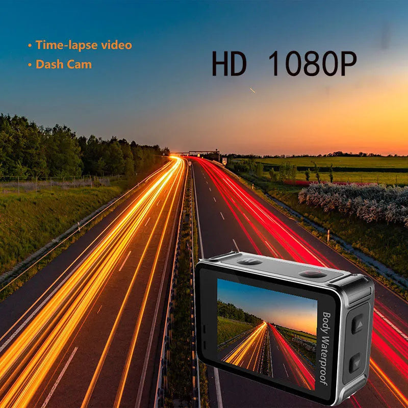 Black outdoor sports action camera with wide-angle lens showing 170° marking and touchscreen.