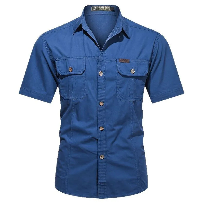 Men's short sleeve cotton work shirt in a loose cardigan style, shown in a selection of colours.