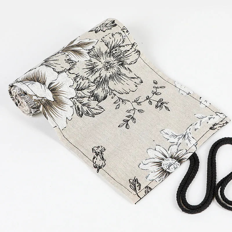 Black peony print canvas pencil roll bag with cotton hemp fabric