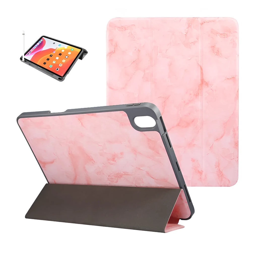 Tri-fold marbling design imitation leather iPad case with a built-in pen slot.
