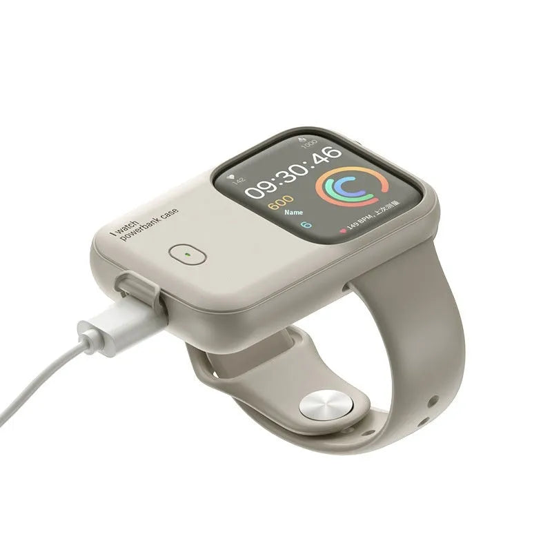 Apple Watch portable wireless charging case power bank in brown, midnight blue, and starlight colours.
