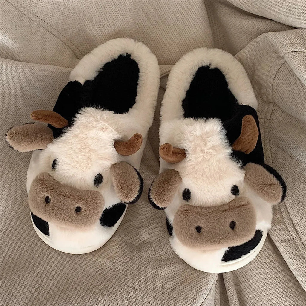 Women's white cow print faux fur slippers with anti-slip textured soles