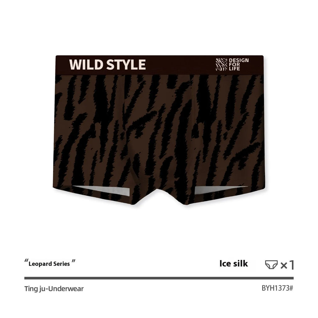 Men's leopard print ice silk underwear with mid waist design and polyester knit fabric