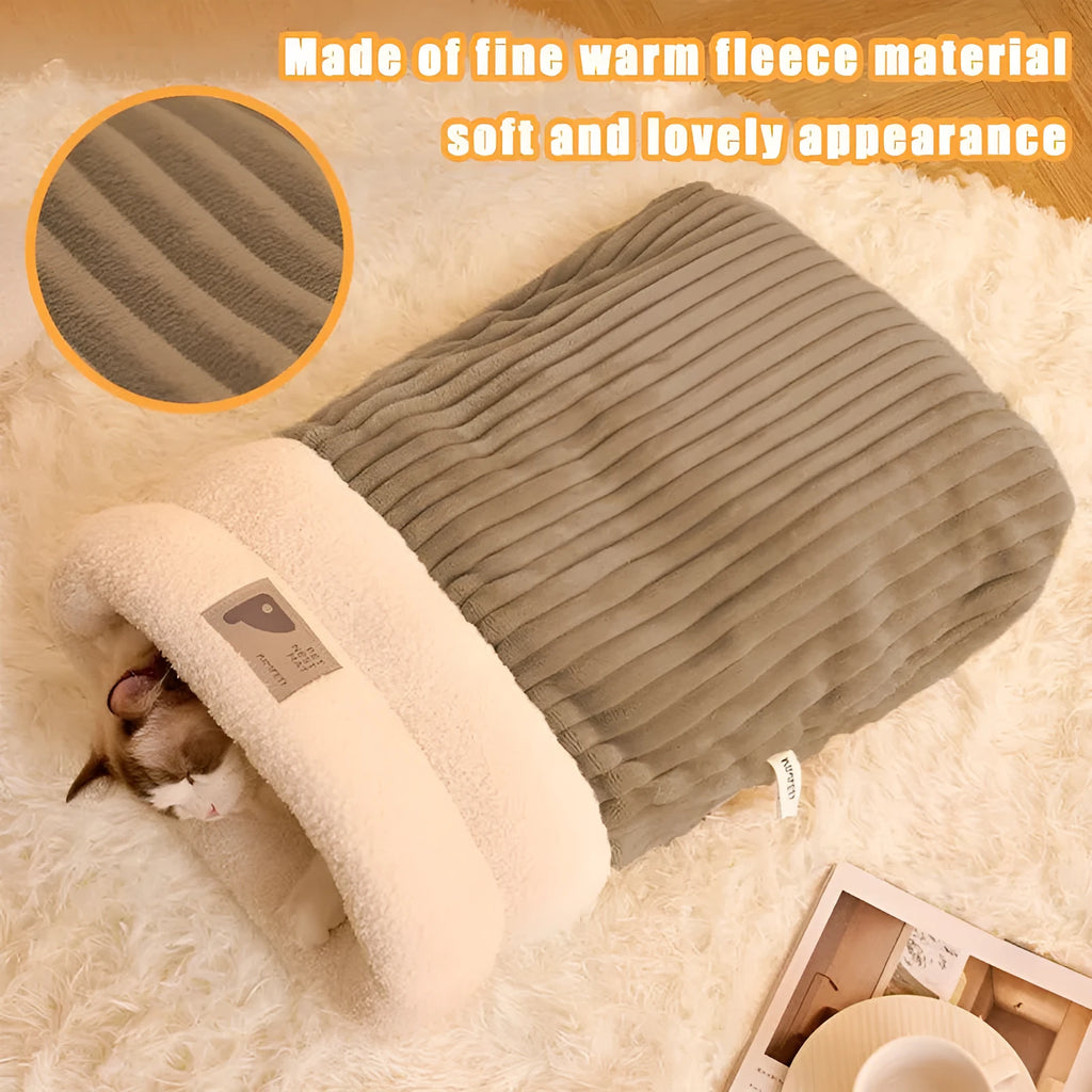 Brown semi-enclosed plush pet sleeping bag for cats on a wooden floor