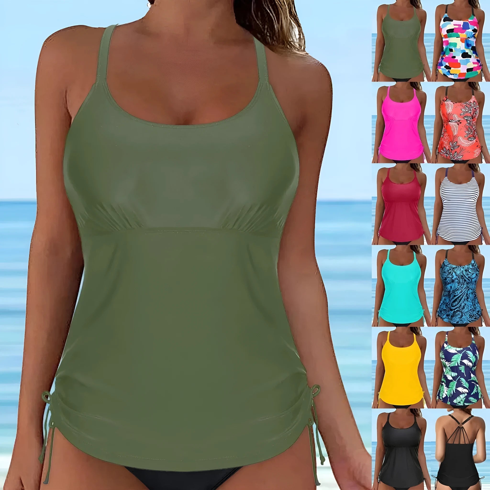 One-piece swimsuit with round neck in army green colour, conservative vest style for women