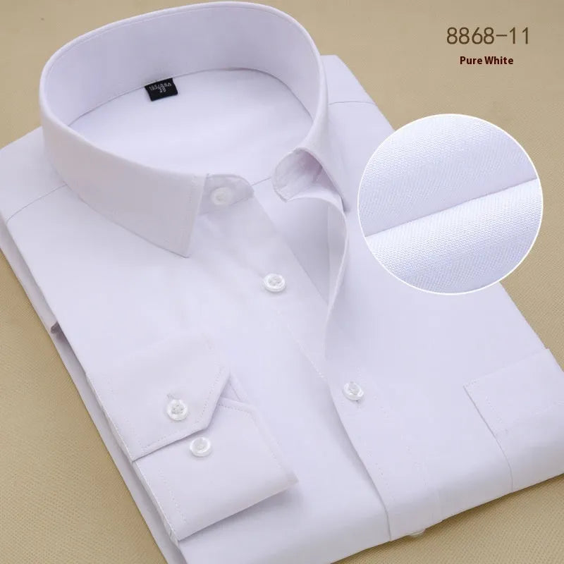 Men's black long-sleeve business slim-fit cotton shirt on a hanger