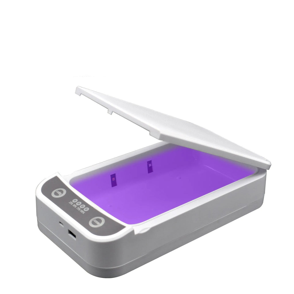Black UV disinfection box with internal chamber for sanitising mobile phones and small items.