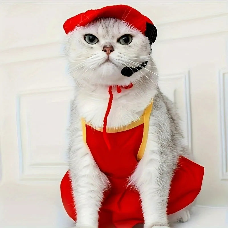 Handmade chef hat and cotton knitted sweater pet costume for a cat or small dog.