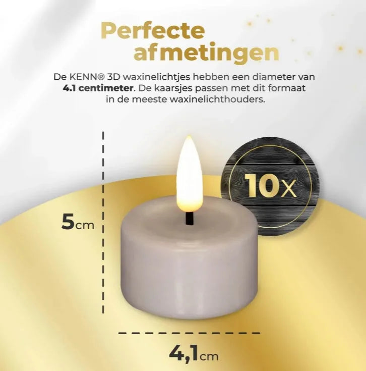 Taupe S10 LED tealight candles showing 3D flame effect and 4.1cm diameter measurement