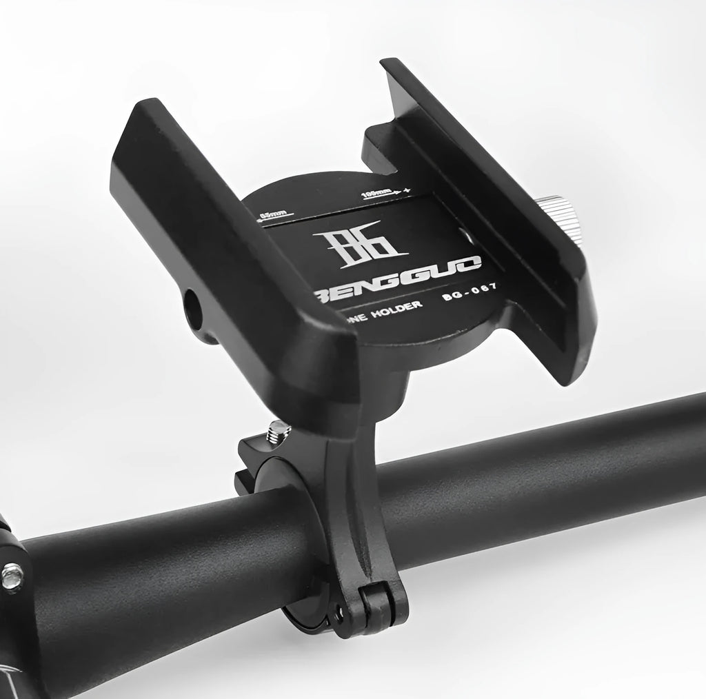 Black aluminium bicycle phone holder mounted on a handlebar, showing phone width compatibility from 55mm to 100mm.