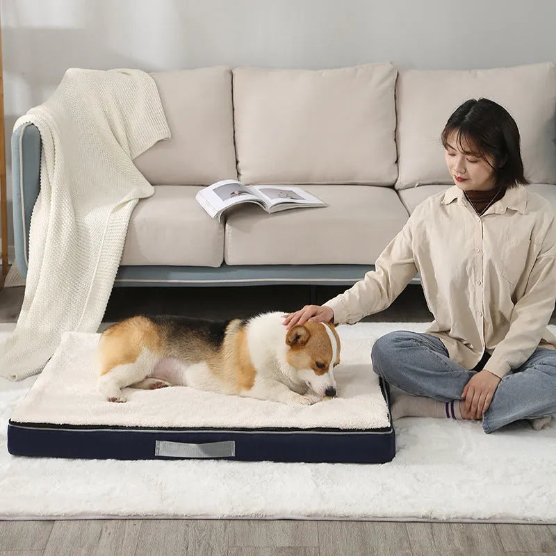 Brown removable cover sponge dog mat lying on a wooden floor