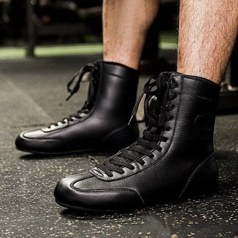 Professional boxing wrestling shoes in black gold mesh and white leather for indoor training