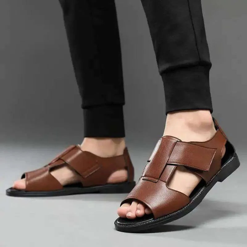Men's black and brown leather Roman sandals with open toe and rubber sole