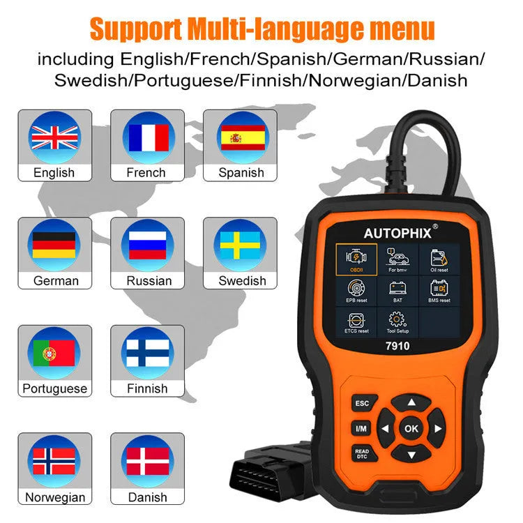 Autophix 7910 BMW OBD2 diagnostic scanner tool on a workshop bench