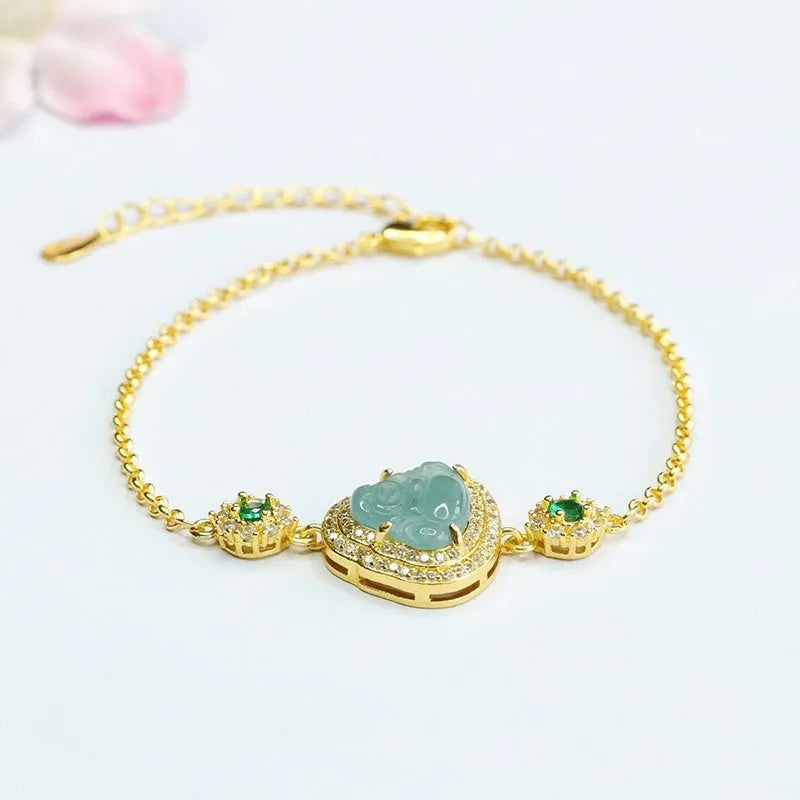 Emerald blue water Maitreya Buddha jade bracelet for women with 10x13mm charm