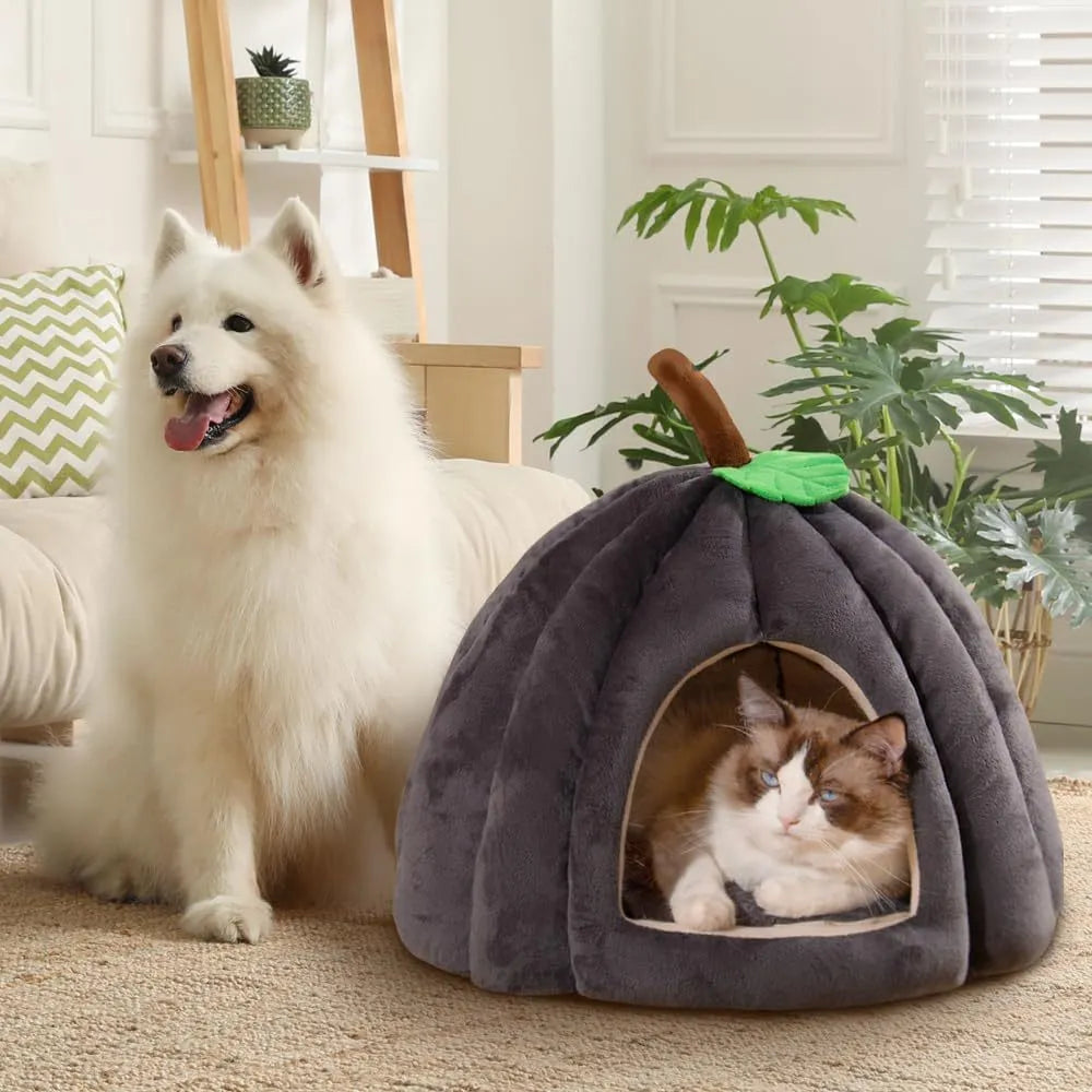 Grey pumpkin-shaped semi-enclosed cat cave bed with a round entry hole on a wooden floor.