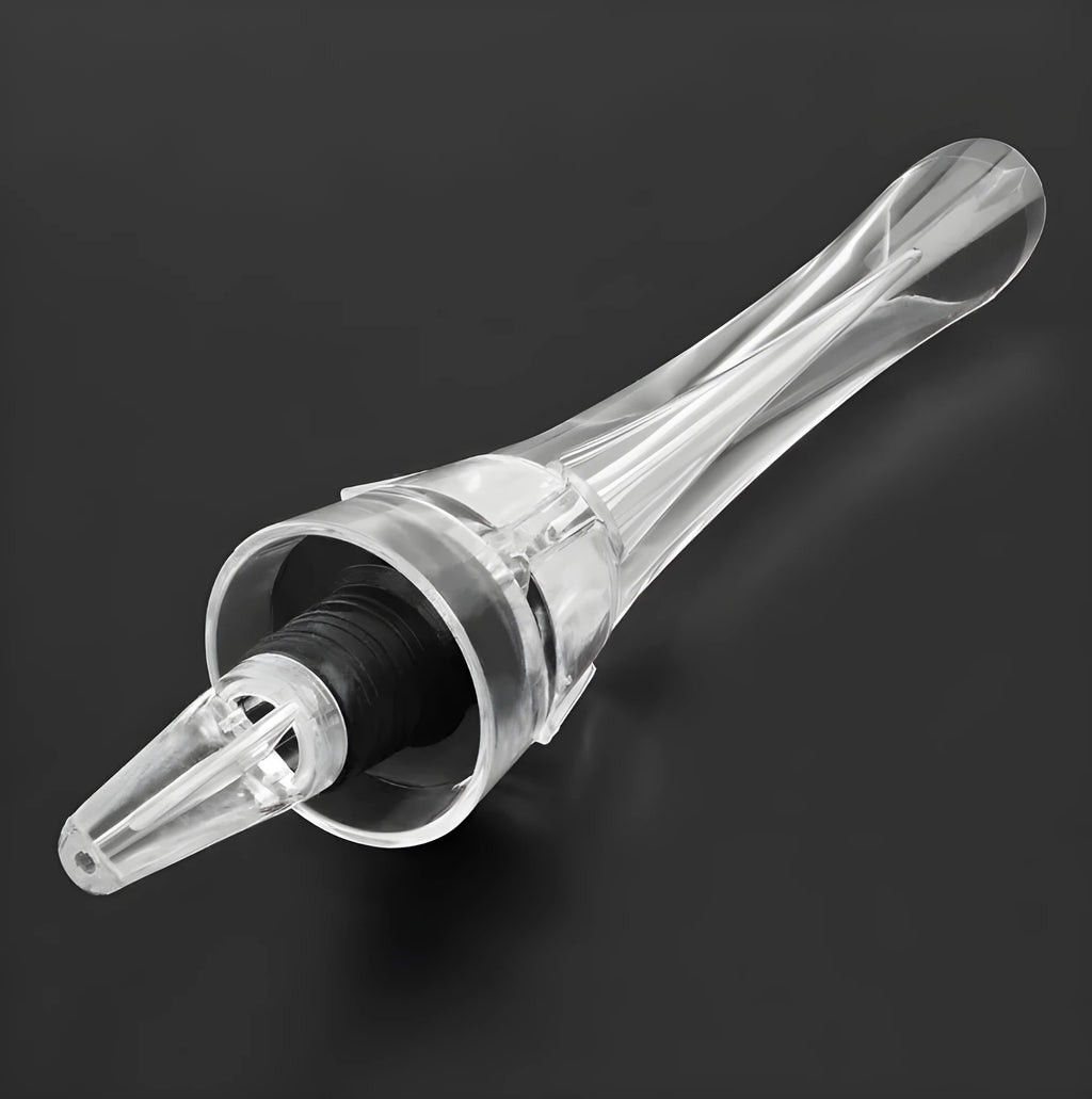 Compact clear acrylic wine aerator with a stainless steel filter inside, measuring 16cm.