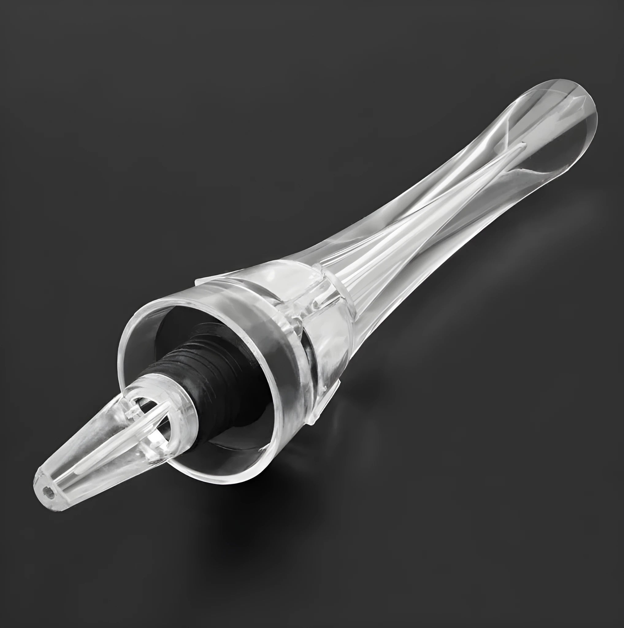 Compact clear acrylic wine aerator with a stainless steel filter inside, measuring 16cm.
