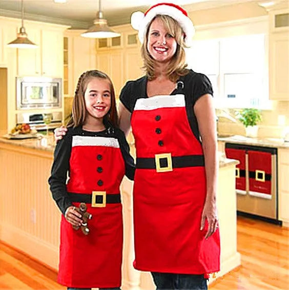 Red Merry Christmas print polyester apron for adult and children's kitchen use