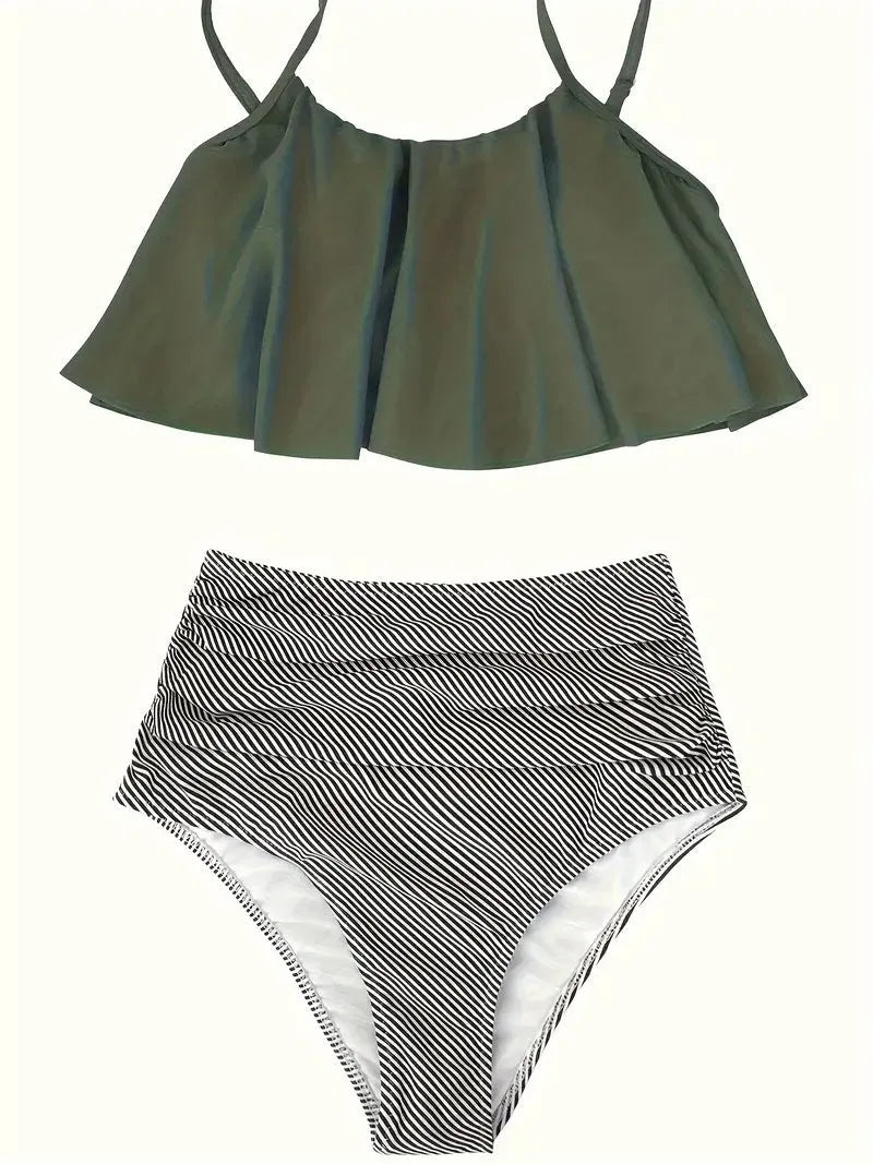 Women's conservative split swimsuit with ruffled detailing and high-waist briefs in polyester fabric