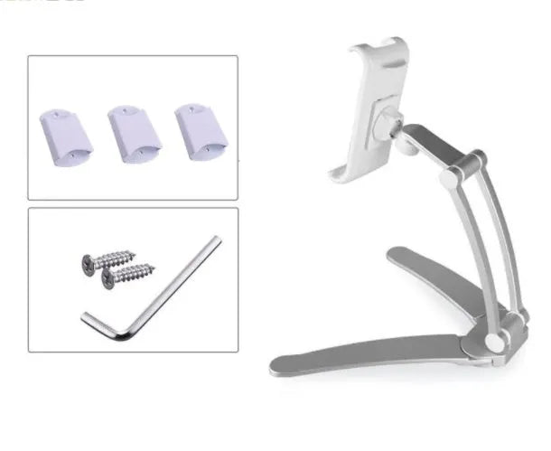 Silver aluminium alloy desktop tablet stand holding a tablet, showing 360-degree adjustable arm and mounting base.