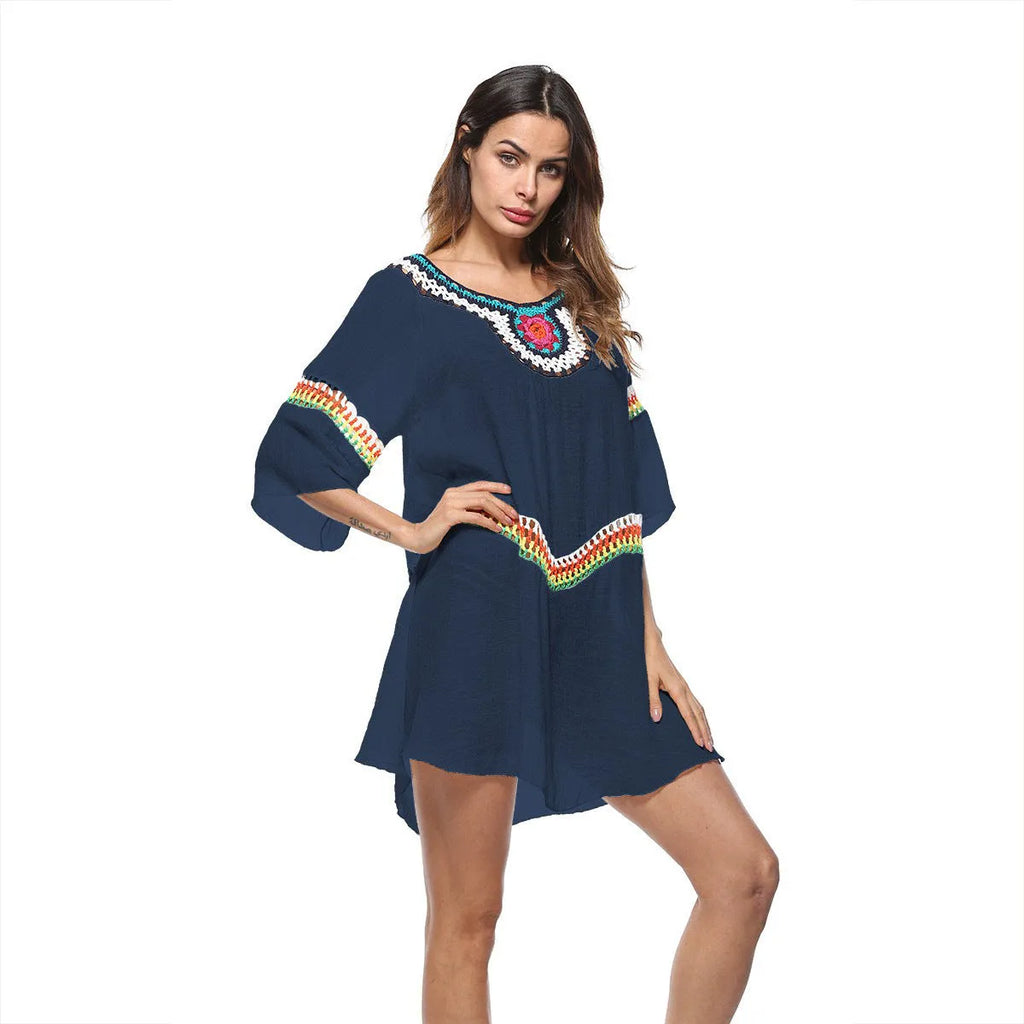 Crocheted ethnic style sun protection clothing for women in polyester beach wear