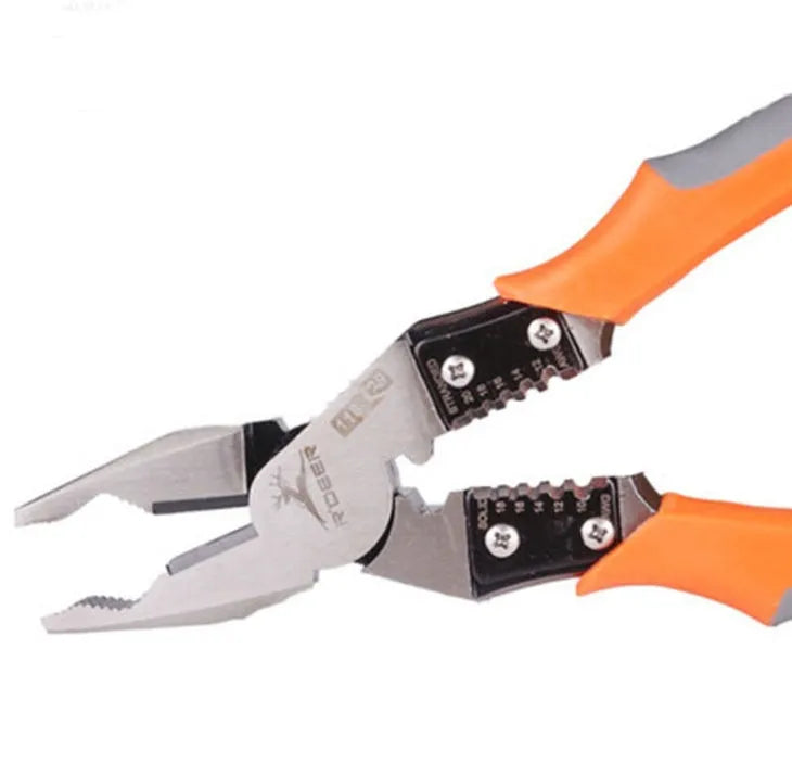 Orange-handled multi-function wire cutter pliers with chrome steel clamp head on a work surface