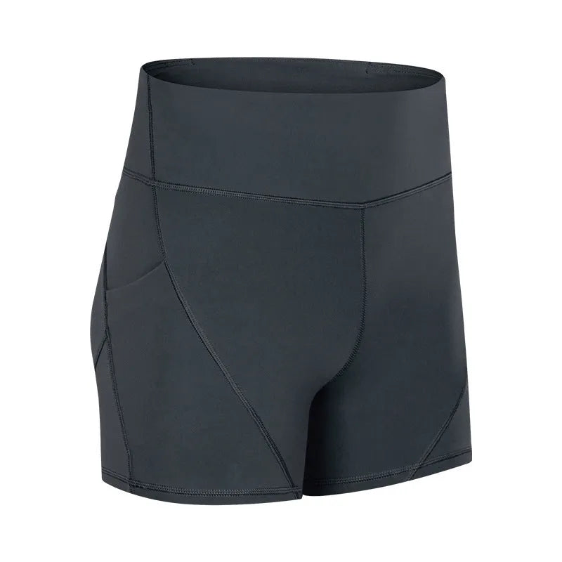 SHINBENE women's high waisted athletic shorts in black with two side pockets and cotton feel nylon spandex fabric