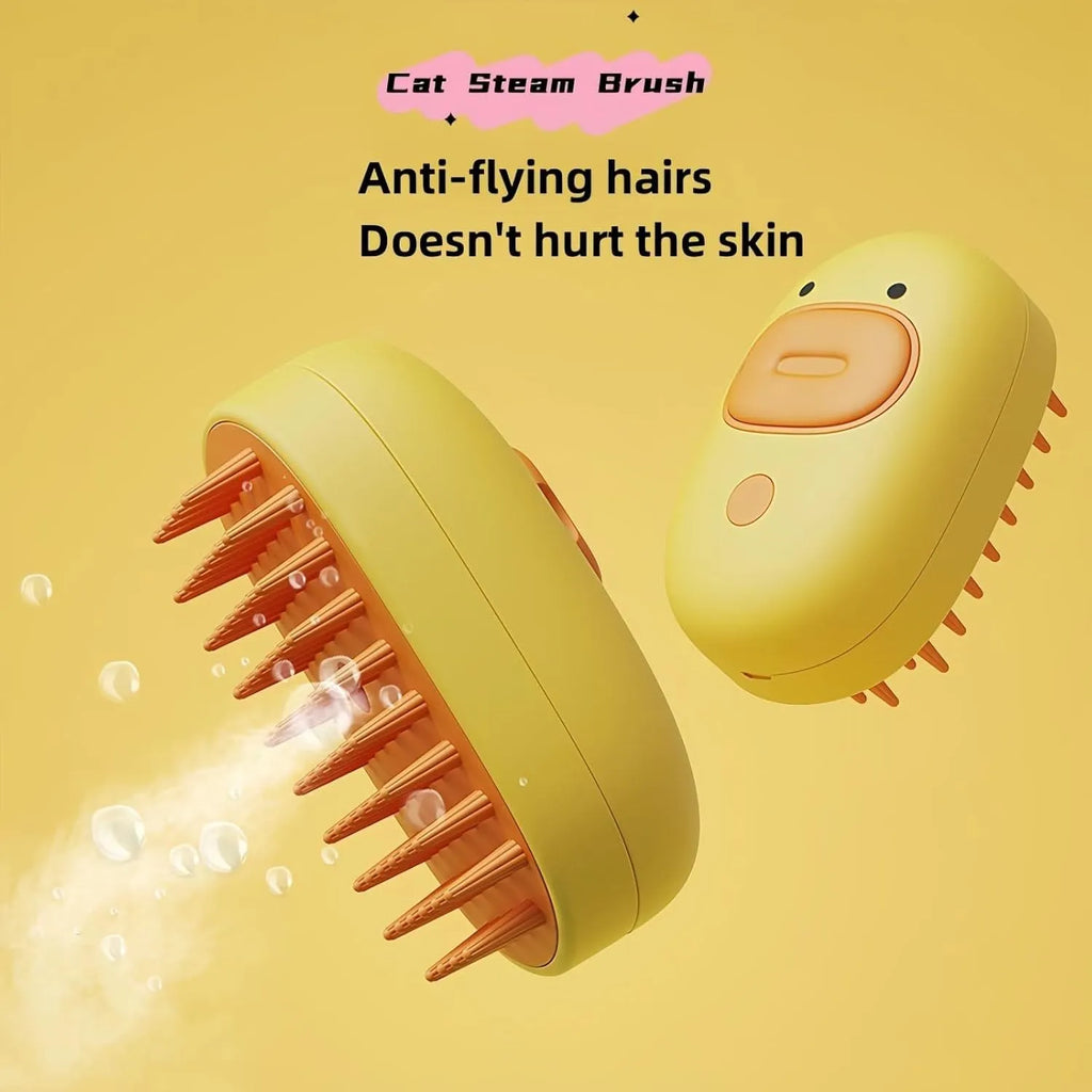 White or yellow rechargeable steam pet brush for grooming dogs and cats