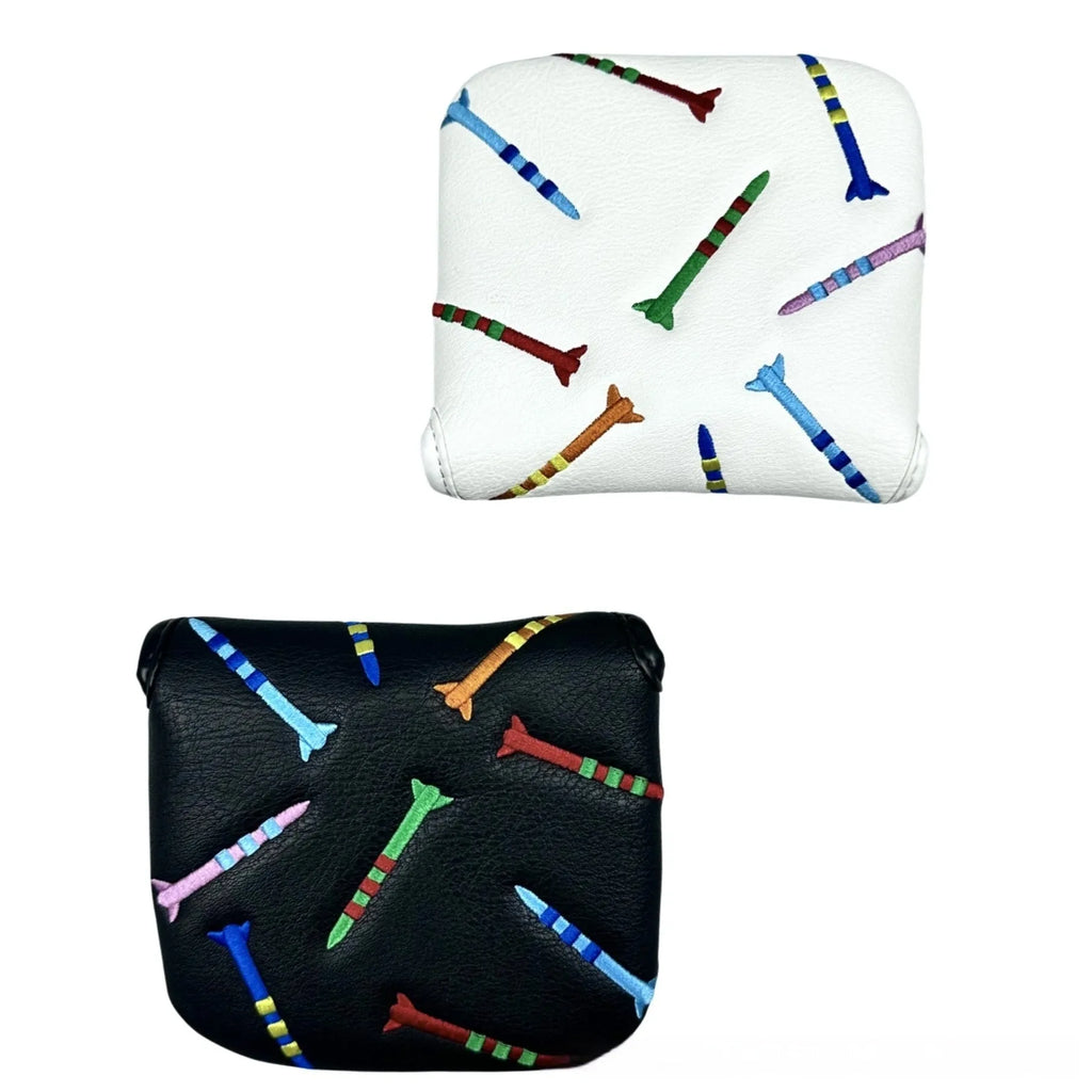 Black square golf putter protective sleeve with white rocket pattern design.