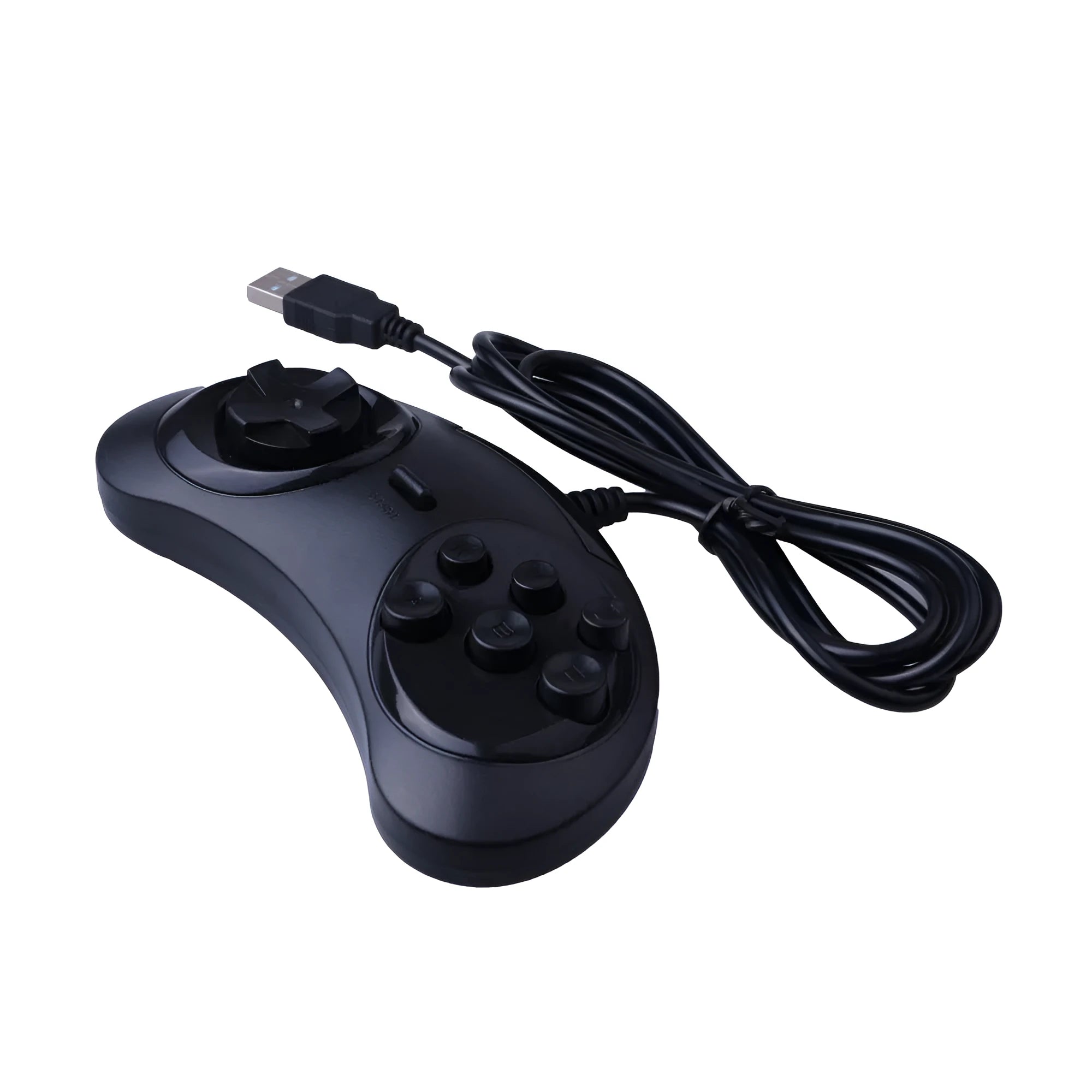 Black Sega USB wired PC game controller with 1.8-metre cable next to a computer.
