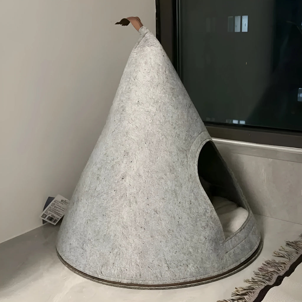 Grey handmade felt cone cat house with enclosed tent design measuring 50cm