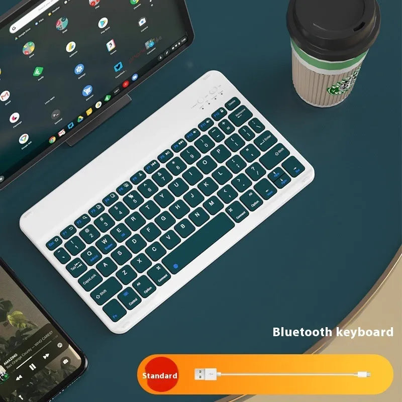 Bluetooth keyboard for tablet in multiple colour options including white, green, pink, and lavender.