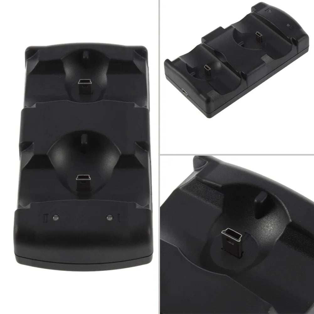 Black plastic dual USB charging dock for PlayStation 3 wireless controllers.